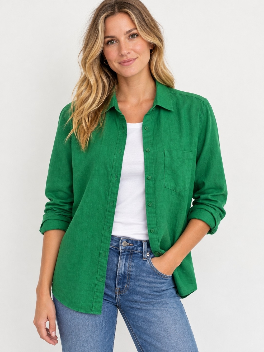H&M Emerald Green Button-Down Shirt Linen Blend Size Medium